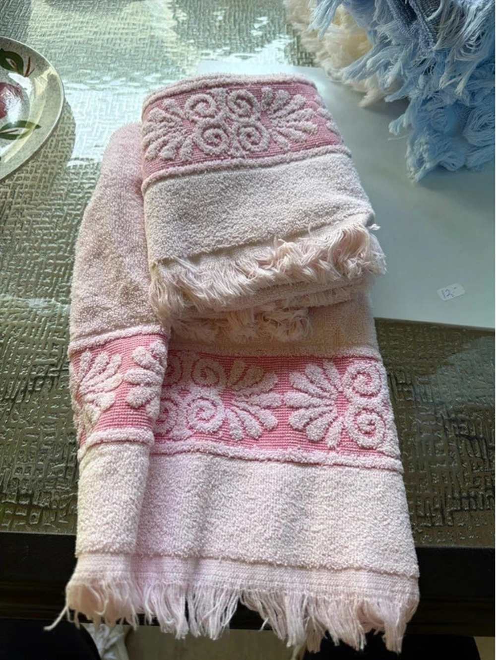Vintage Pink Fringed Hand Towels Set of 2 – Floral Scroll Design